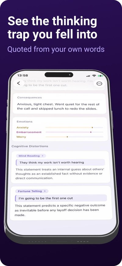 CBT Quest App Store screenshot: See the thinking trap you fell into, quoted from your own words. Cognitive distortions such as mind reading and fortune telling.